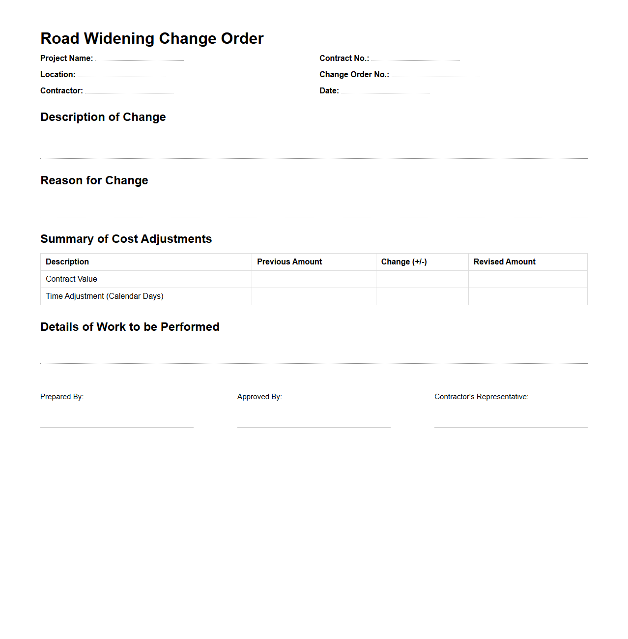 Road Widening Change Order Sample for Infrastructure Projects