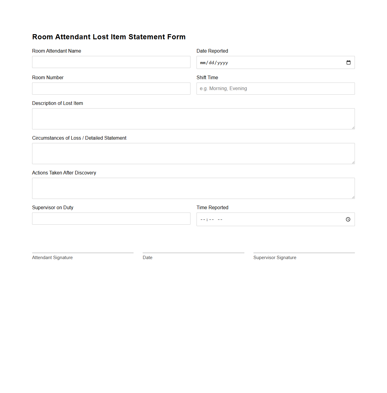 Room Attendant Lost Item Statement Form