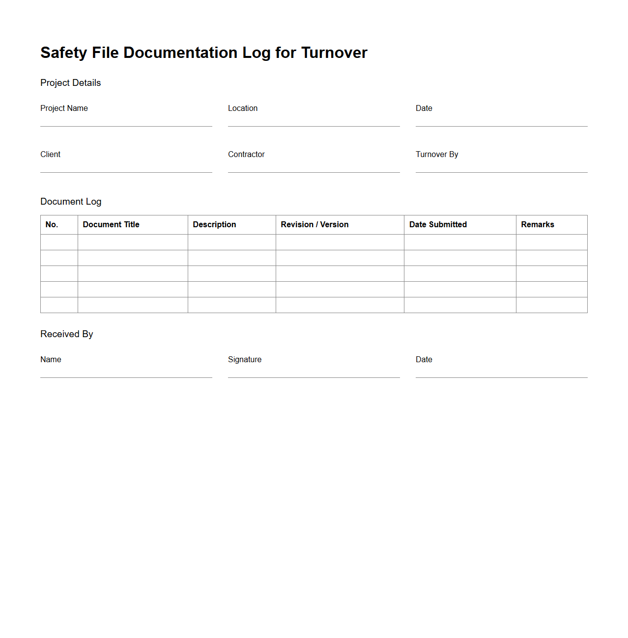 Safety File Documentation Log for Turnover