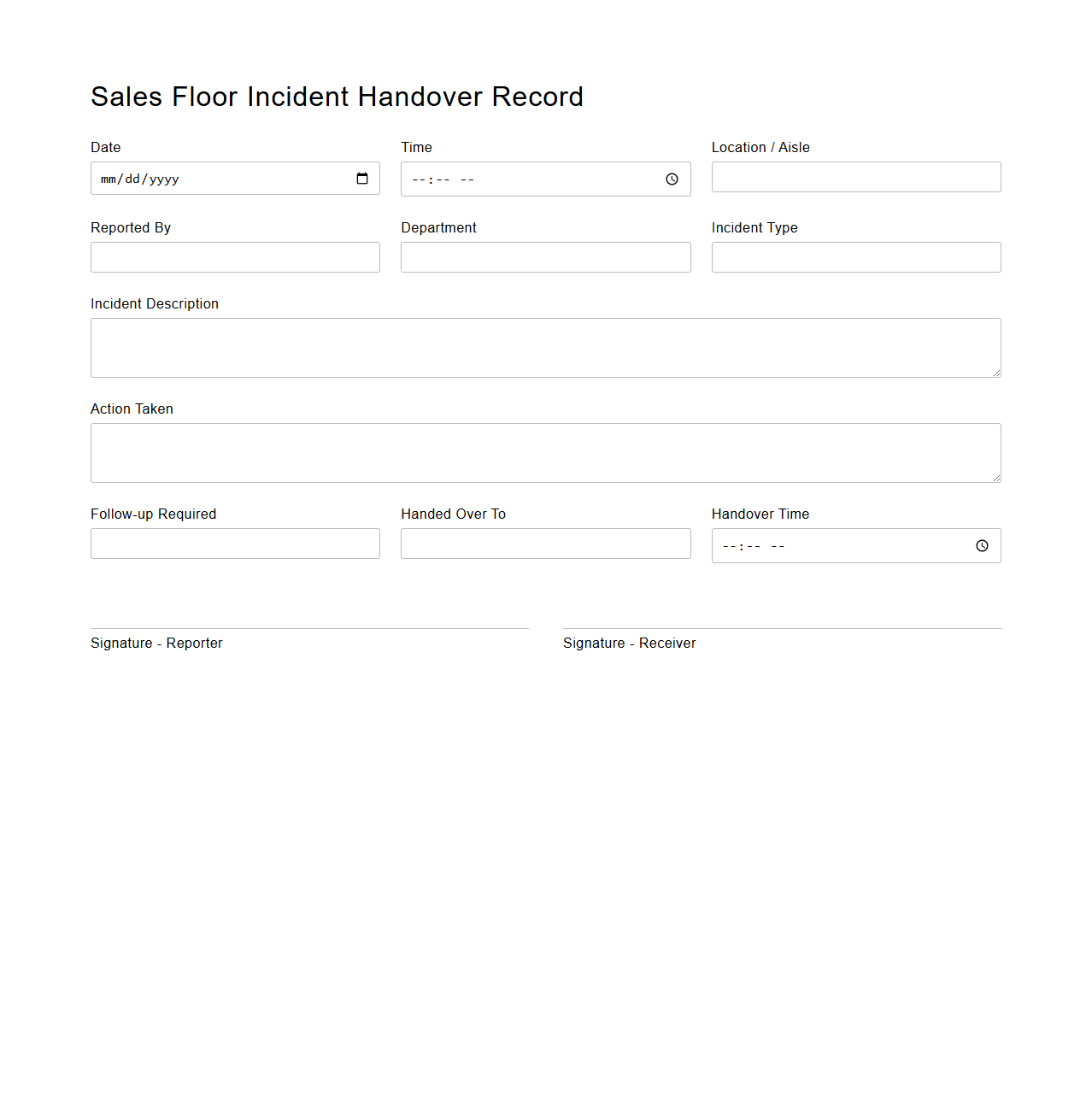 Sales Floor Incident Handover Record