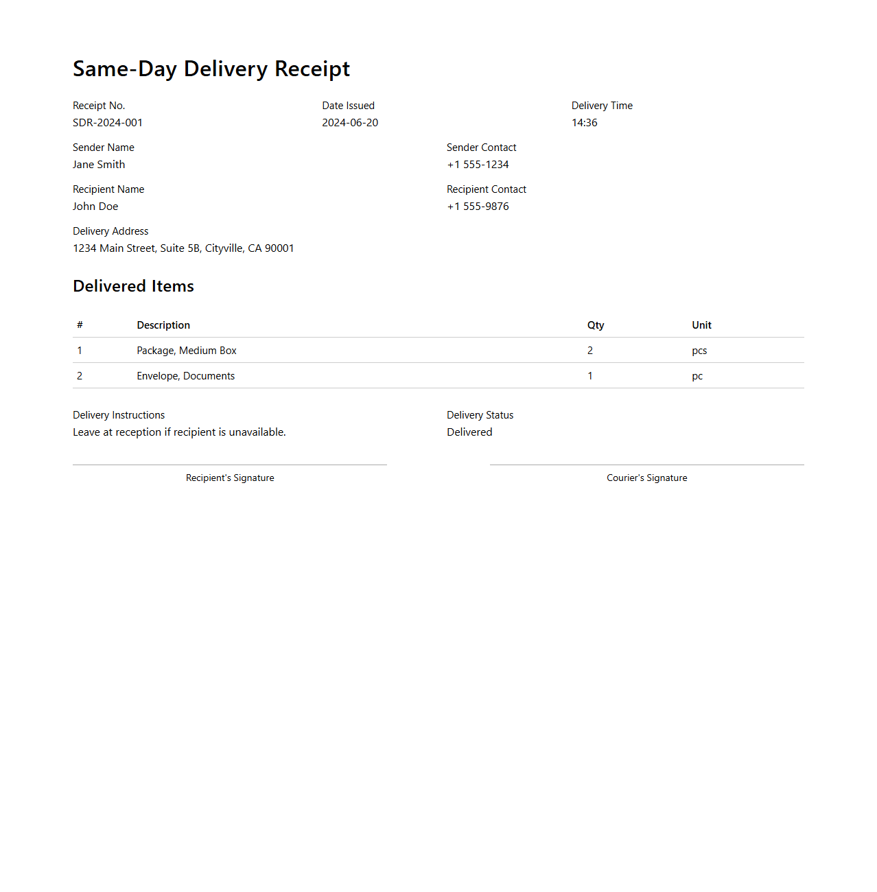 Same-Day Delivery Receipt Document Example