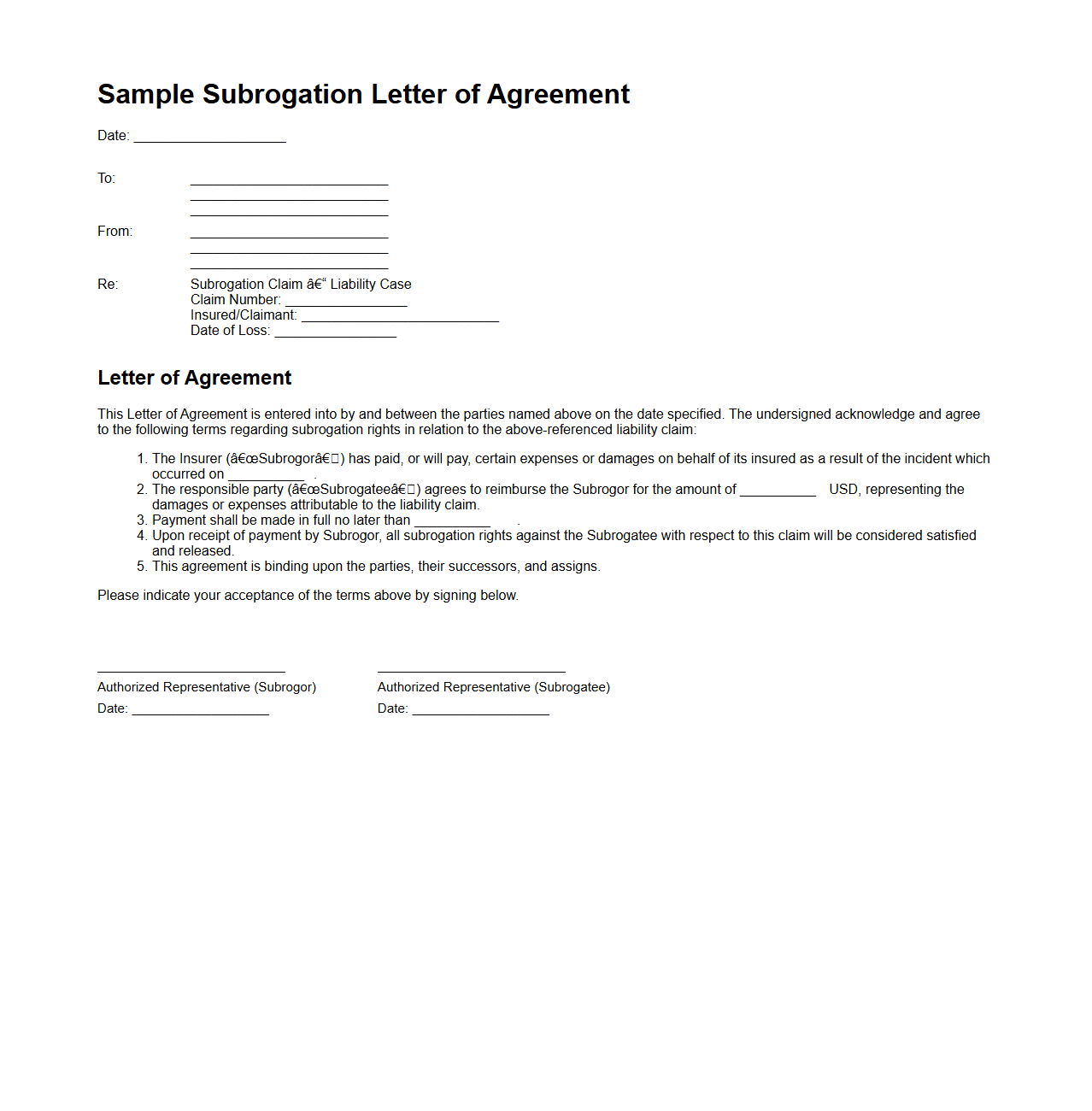 Sample Subrogation Letter of Agreement for Liability Cases