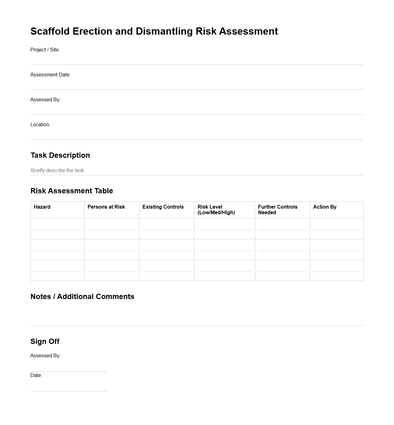 Scaffold Erection and Dismantling Risk Assessment Template