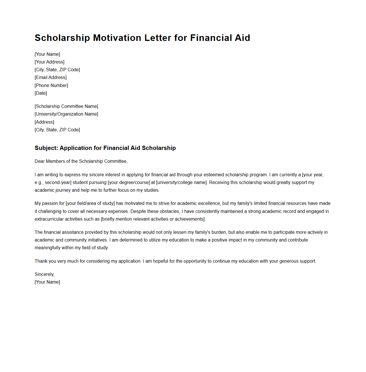 Scholarship Motivation Letter for Financial Aid