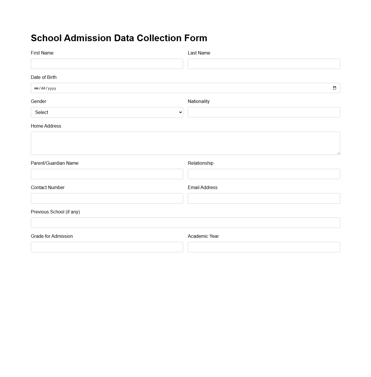 School Admission Data Collection Form