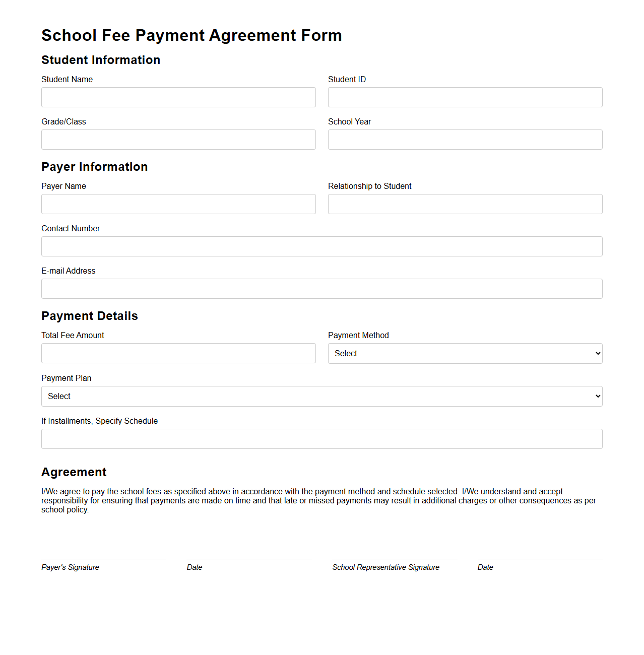 School Fee Payment Agreement Form