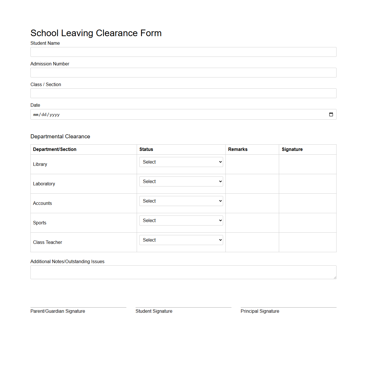 School Leaving Clearance Form Example
