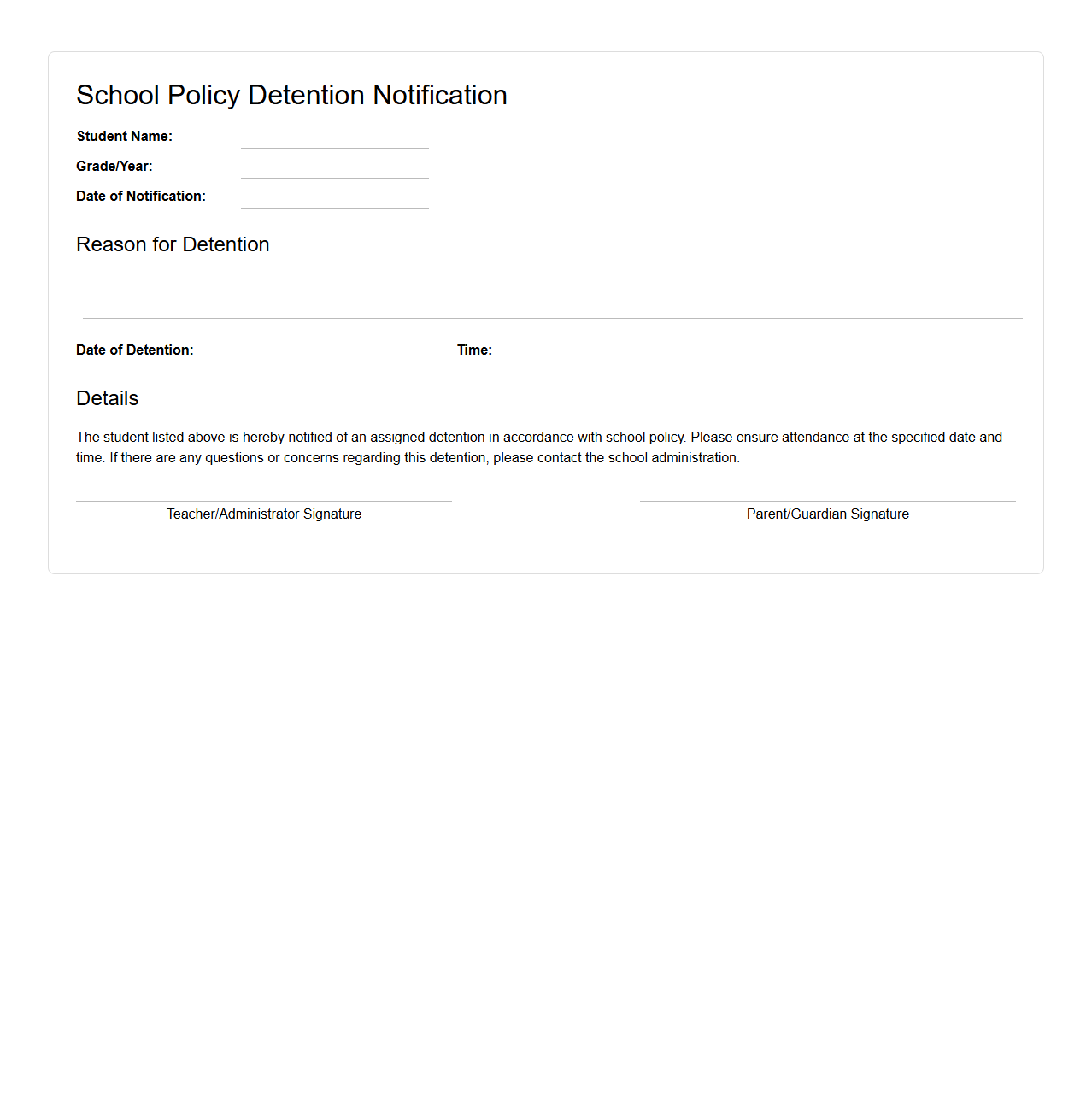 School Policy Detention Notification Sample