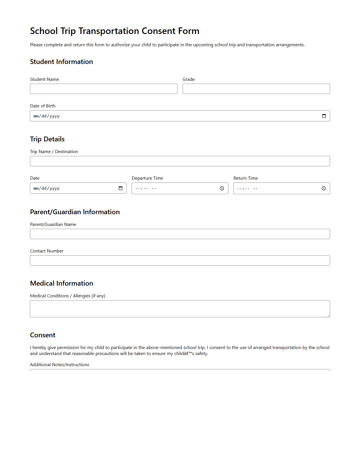 School Trip Transportation Consent Form
