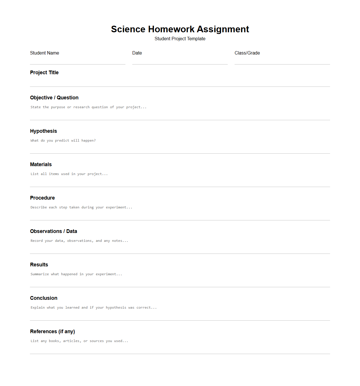 Science Homework Assignment Template for Student Projects