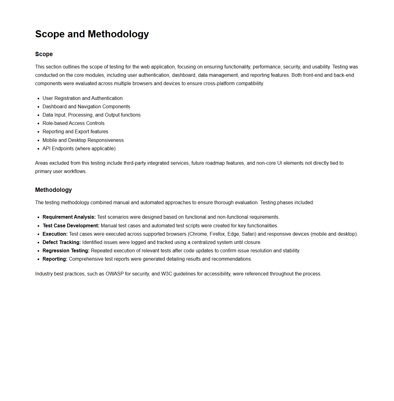 Scope and Methodology Section for Web Application Testing