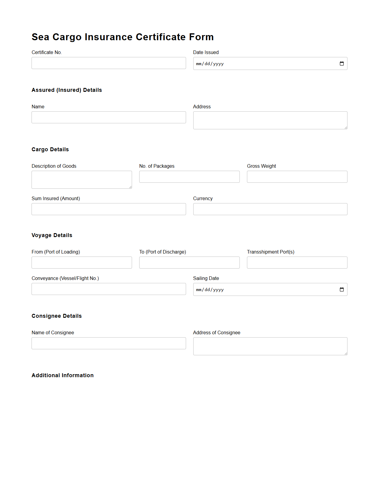 Sea Cargo Insurance Certificate Form