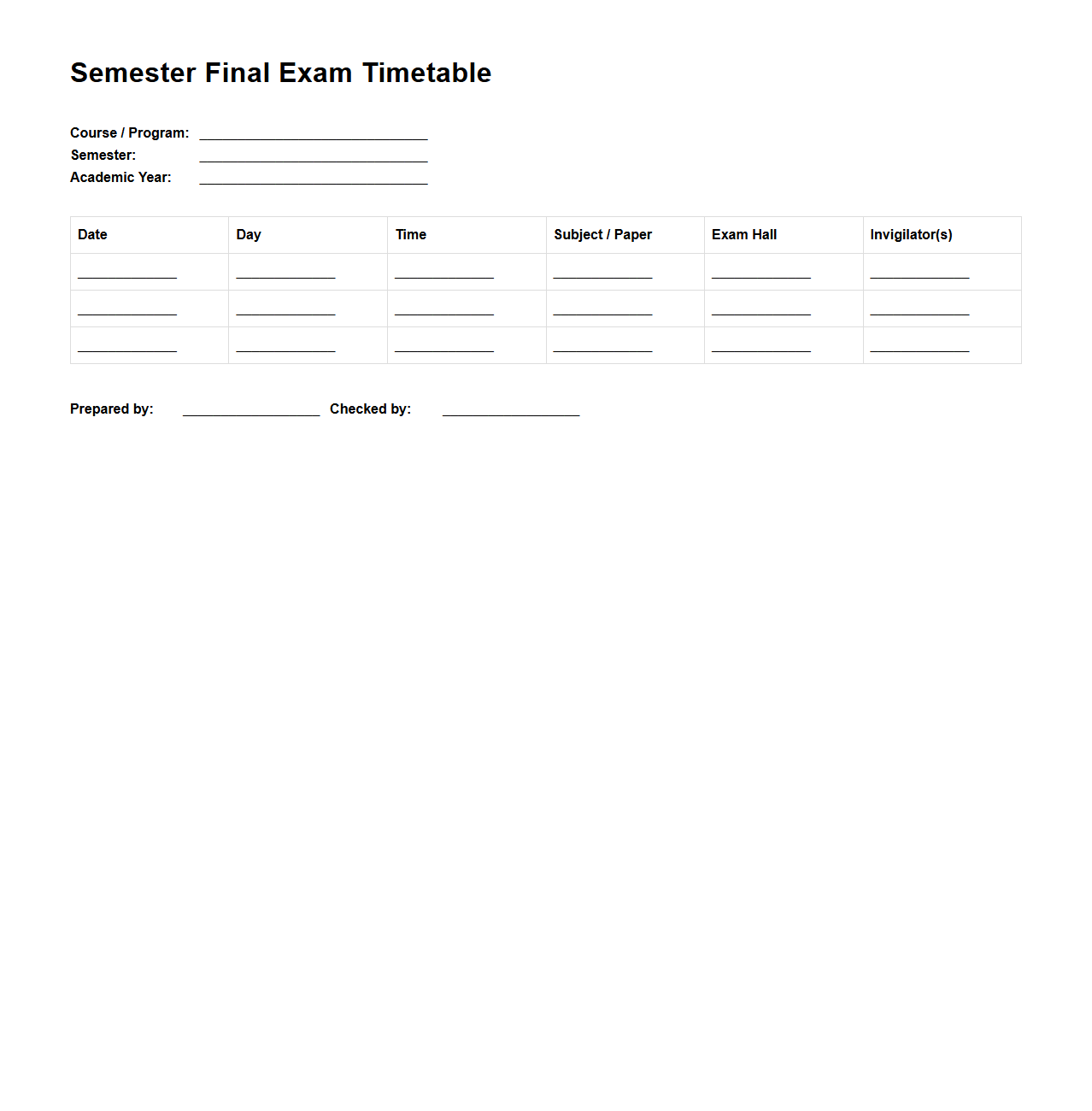 Semester Final Exam Timetable Format