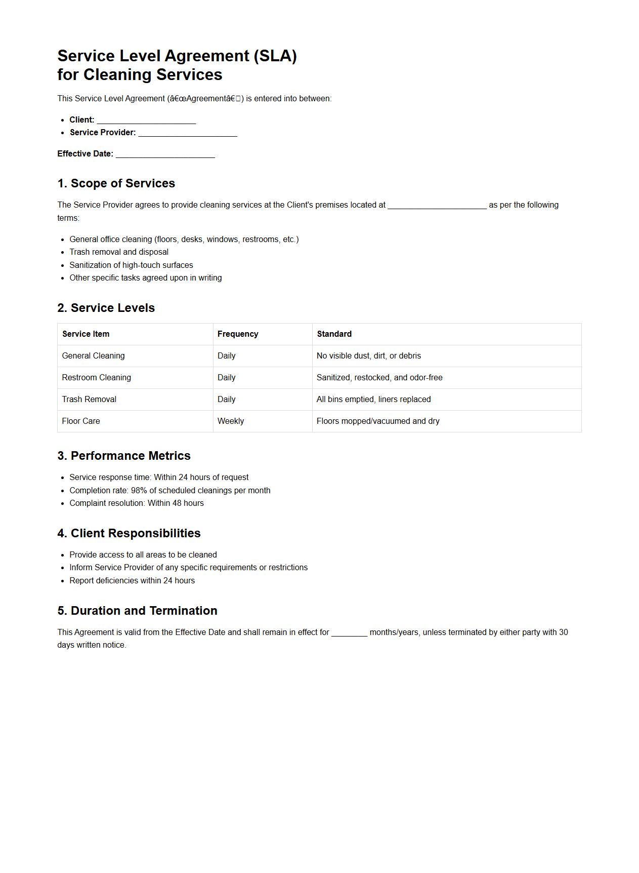 Service Level Agreement for Cleaning Services