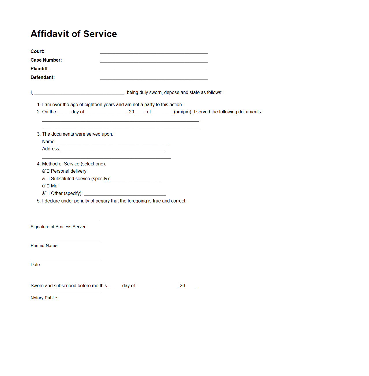 Service of Process Affidavit Sample
