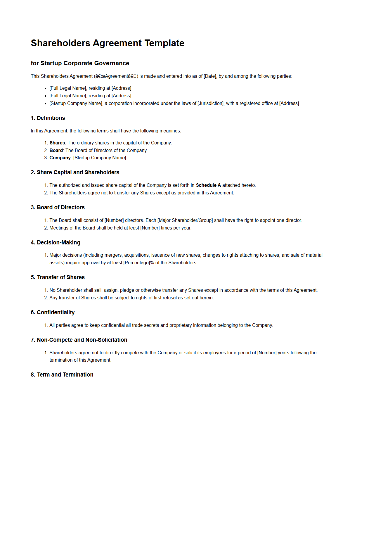 Shareholders Agreement Template for Startup Corporate Governance