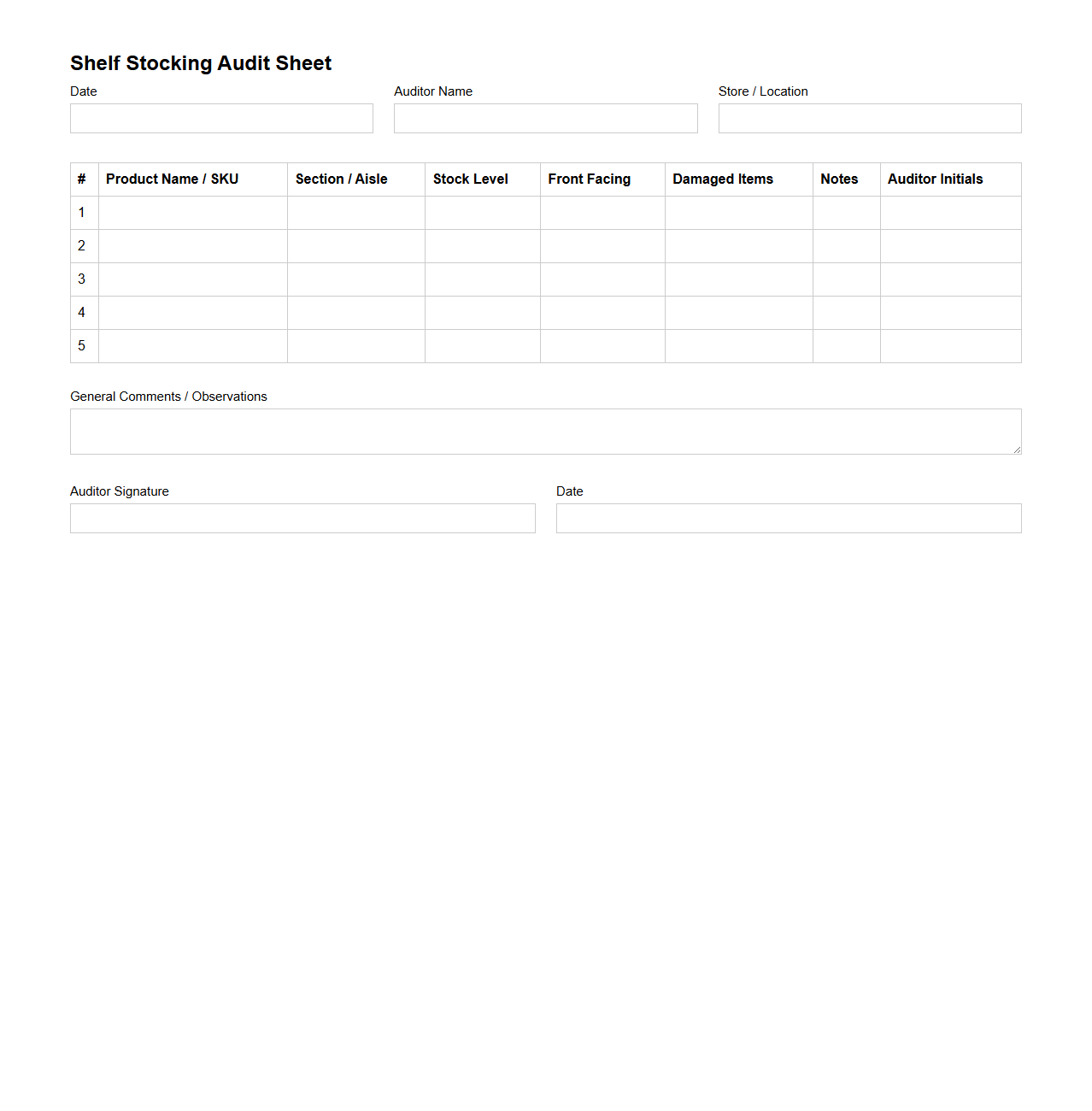 Shelf Stocking Audit Sheet