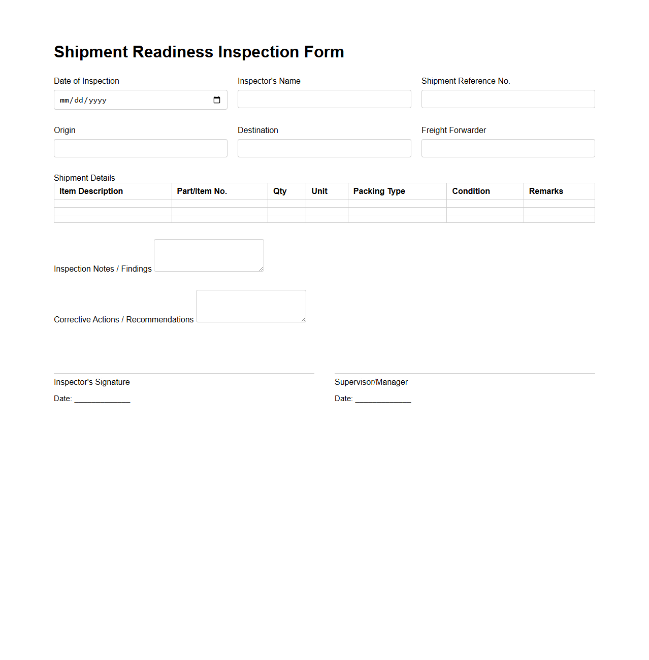 Shipment Readiness Inspection Form