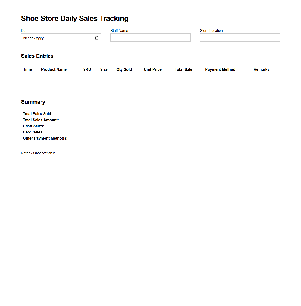 Shoe Store Daily Sales Tracking Document