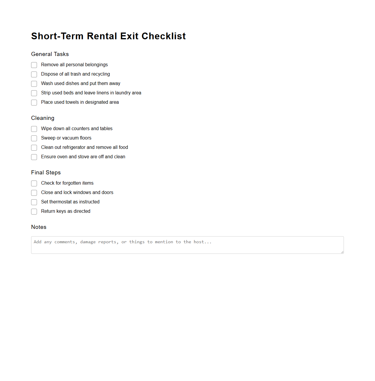 Short-Term Rental Exit Checklist Example