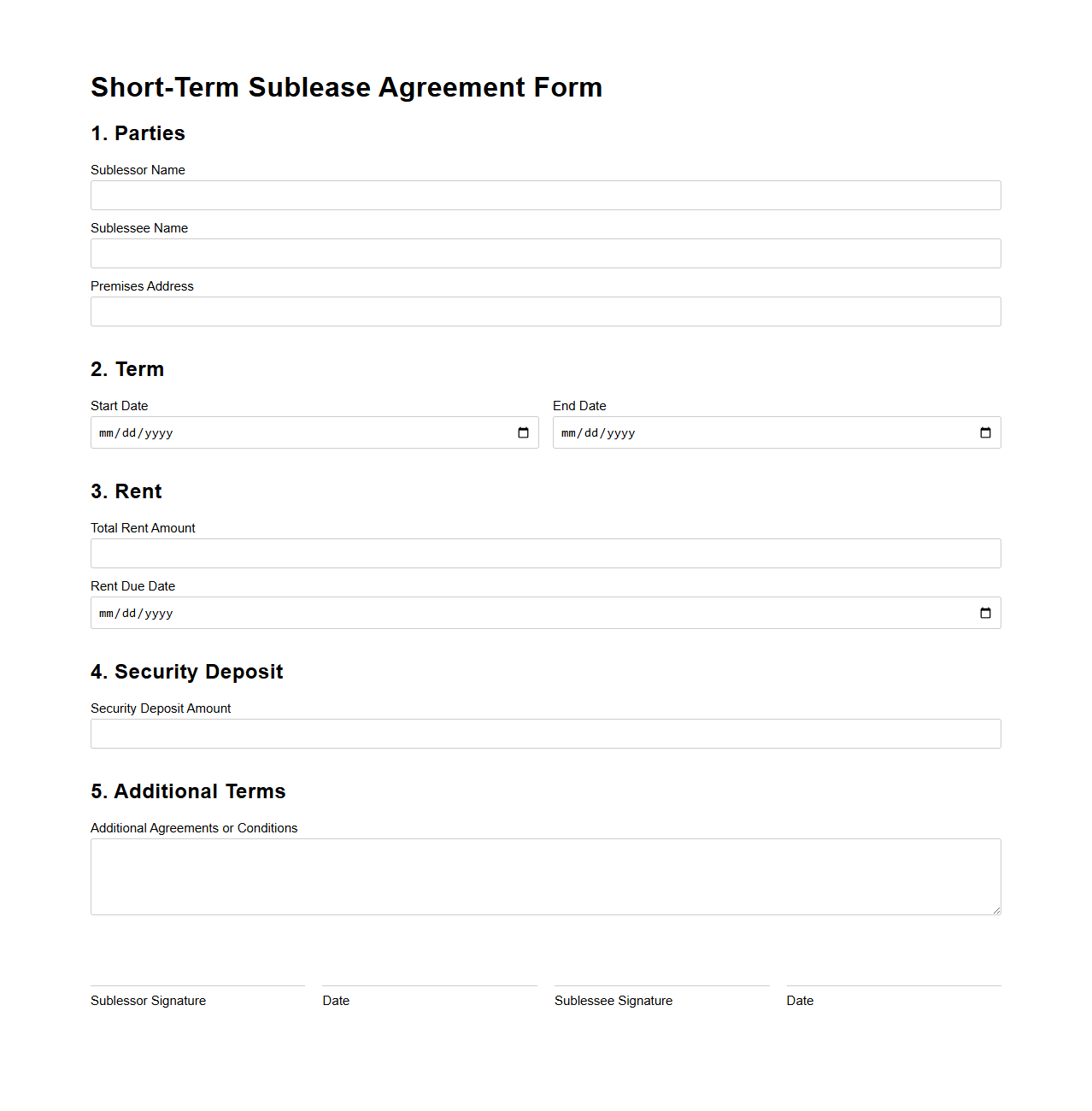 Short-Term Sublease Agreement Form