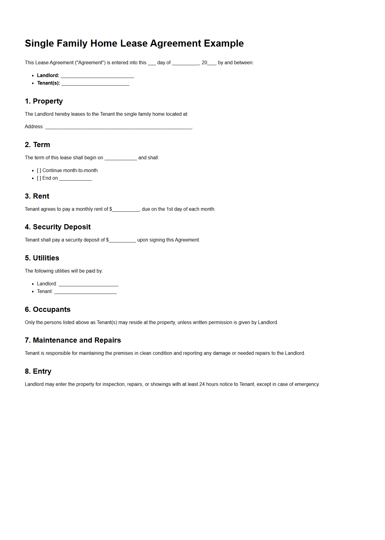 Single Family Home Lease Agreement Example