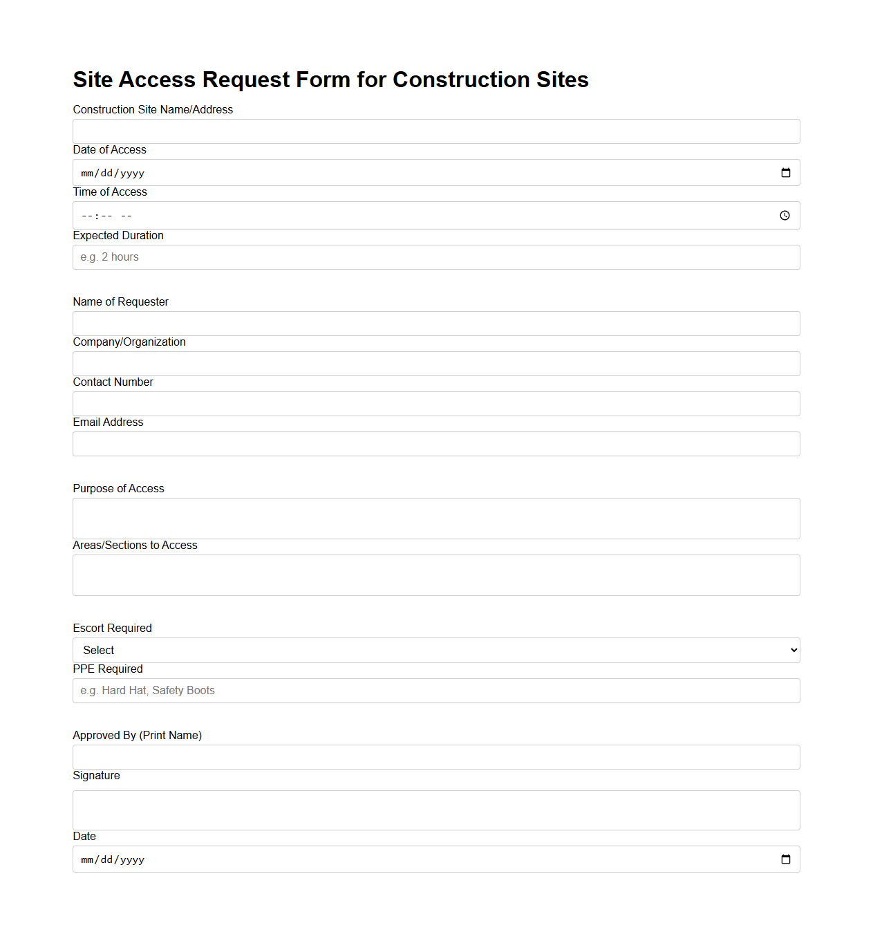 Site Access Request Form for Construction Sites