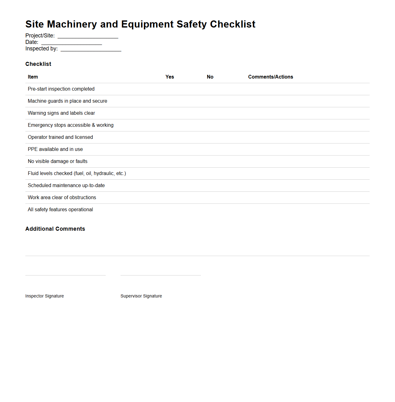 Site Machinery and Equipment Safety Checklist