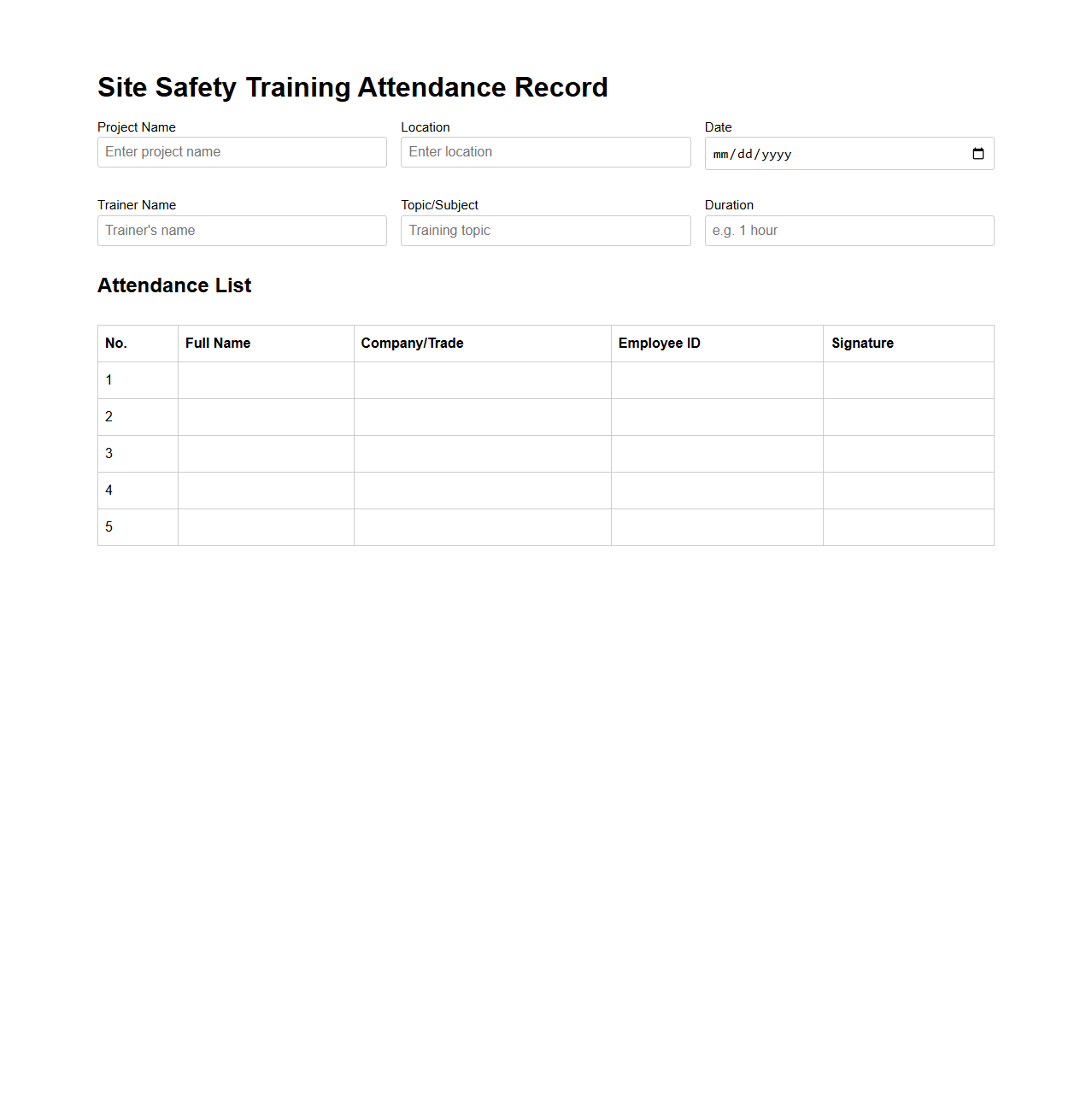 Site Safety Training Attendance Record Template