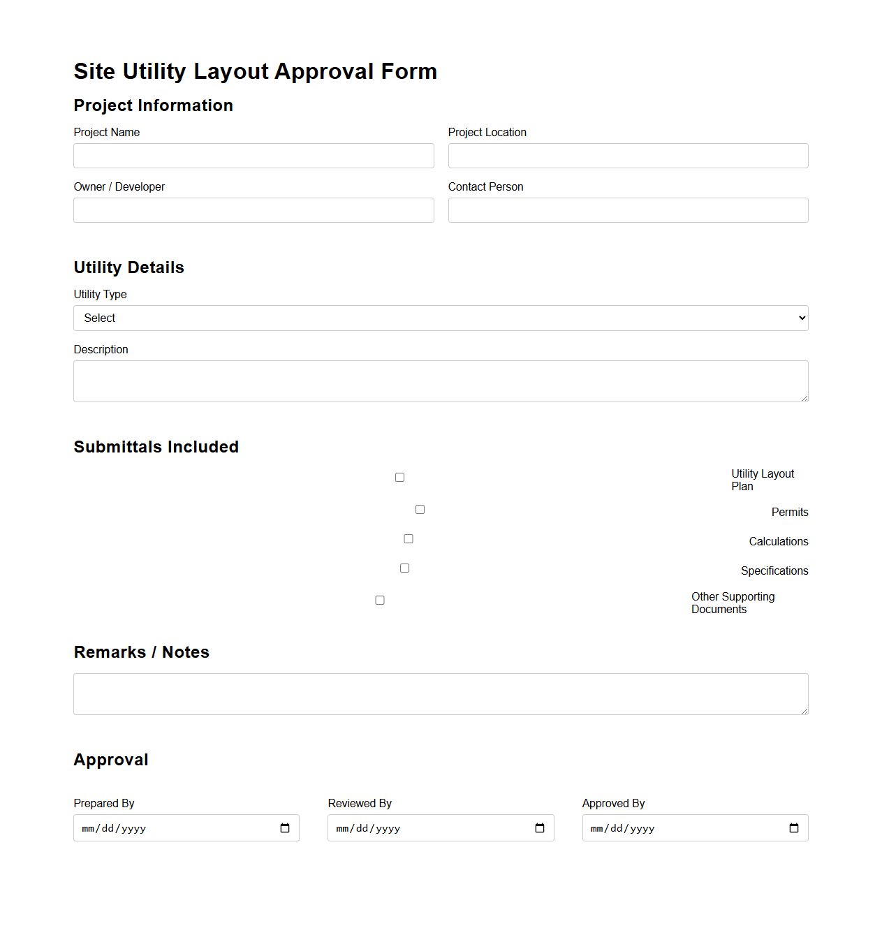 Site Utility Layout Approval Form Sample