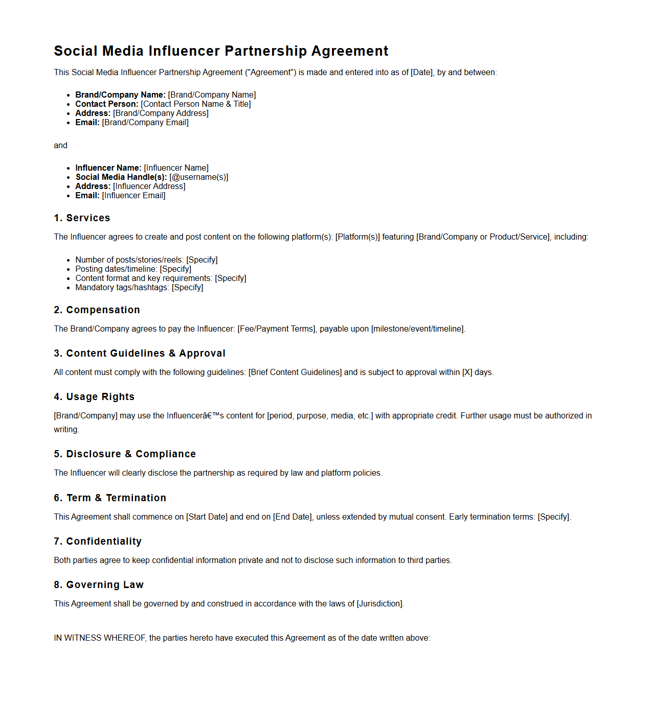 Social Media Influencer Partnership Agreement Template