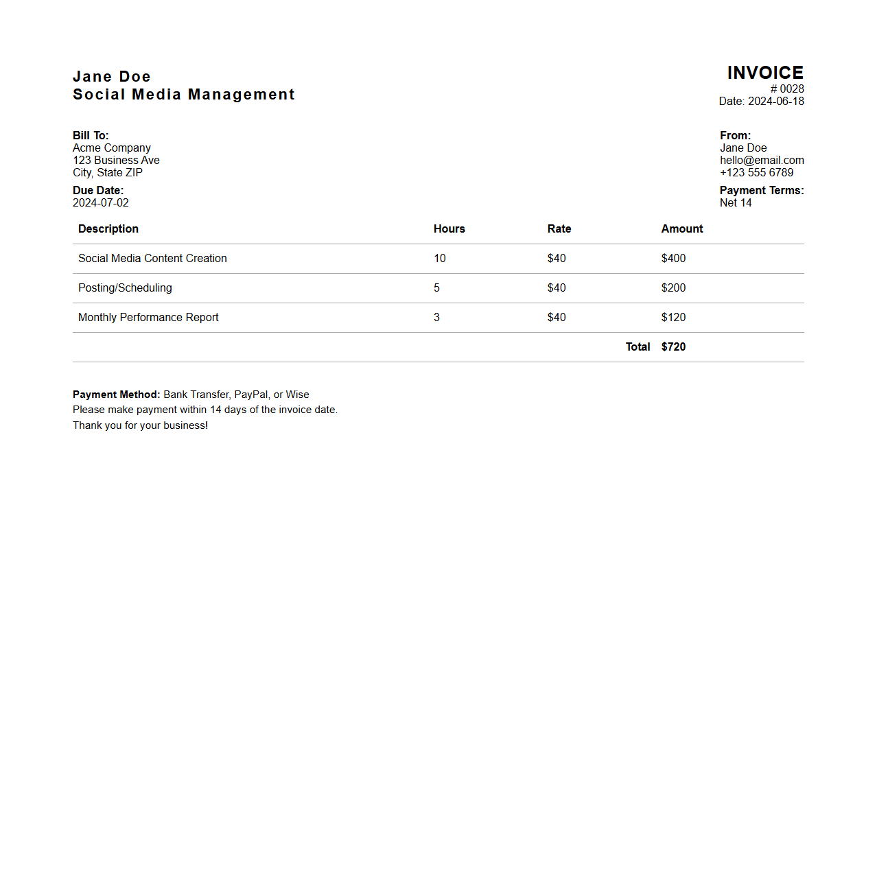 Social Media Management Freelance Invoice Example