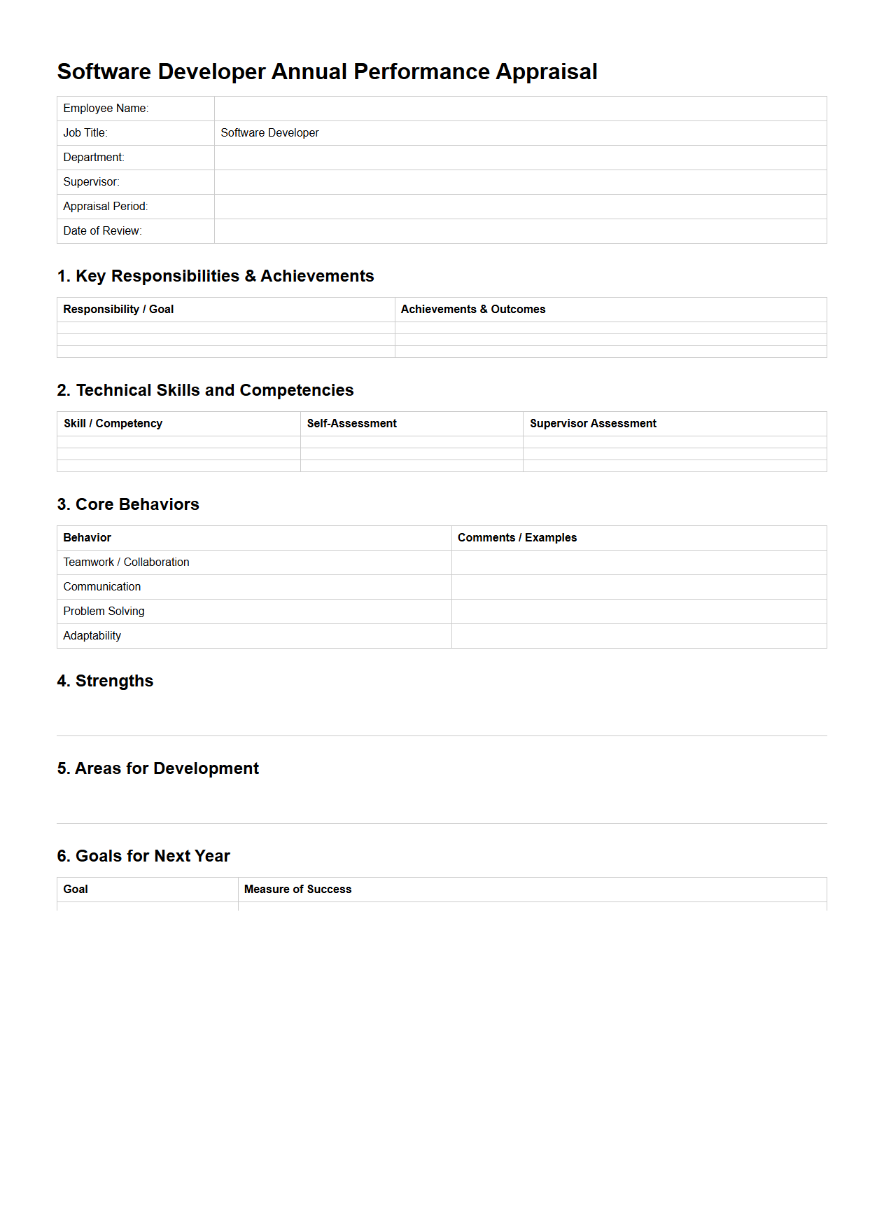 Software Developer Annual Performance Appraisal Document