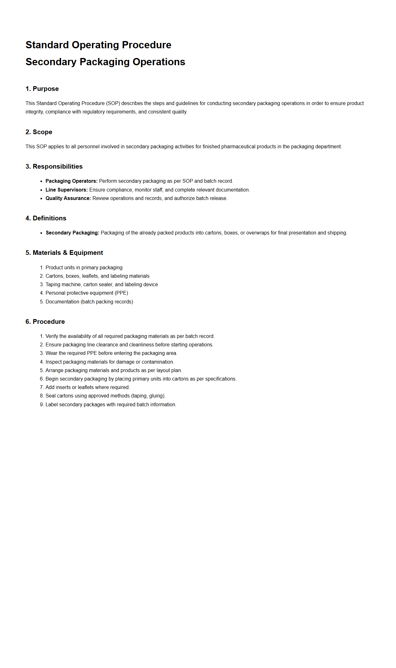 SOP for Secondary Packaging Operations