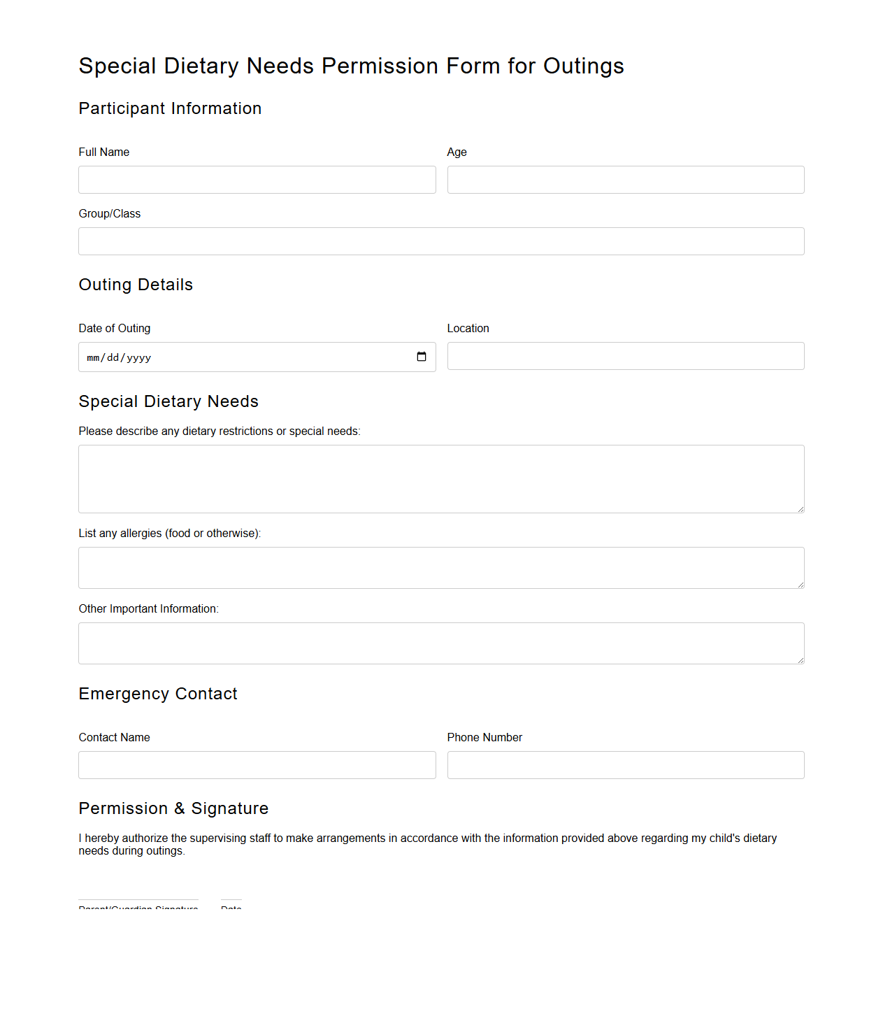 Special Dietary Needs Permission Form for Outings