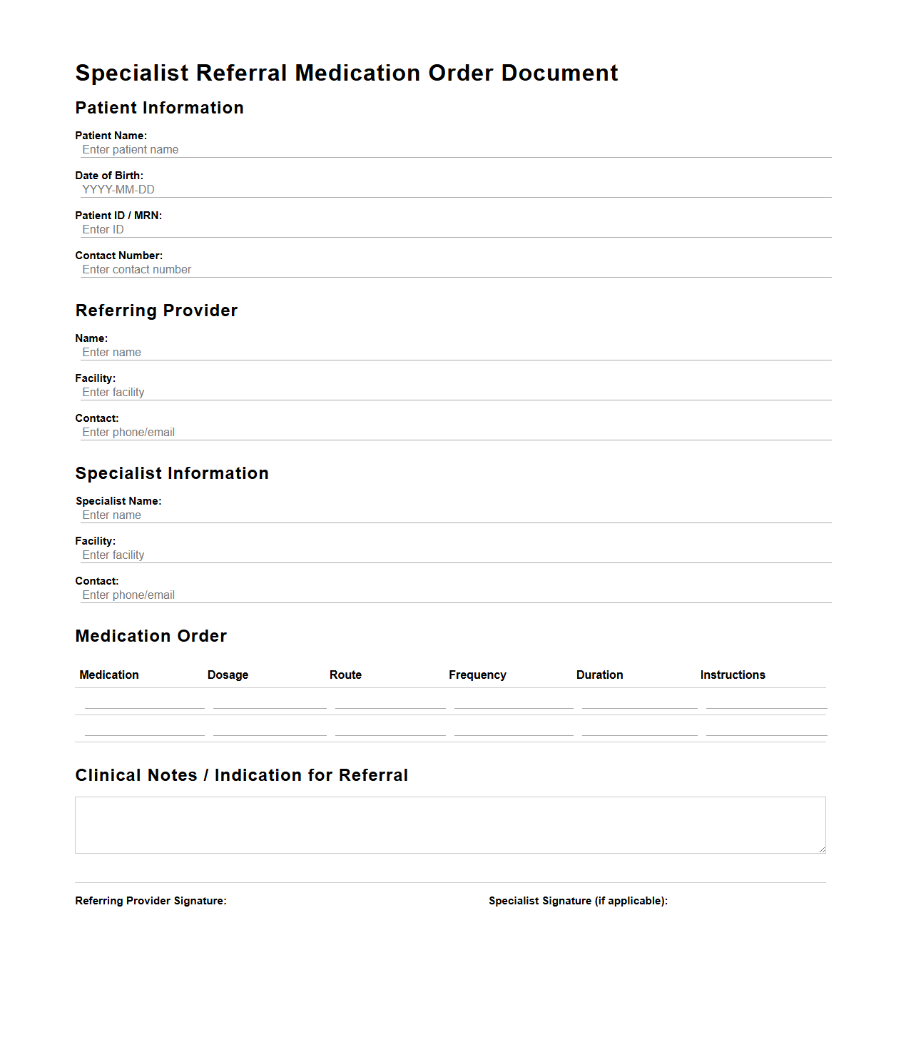 Specialist Referral Medication Order Document