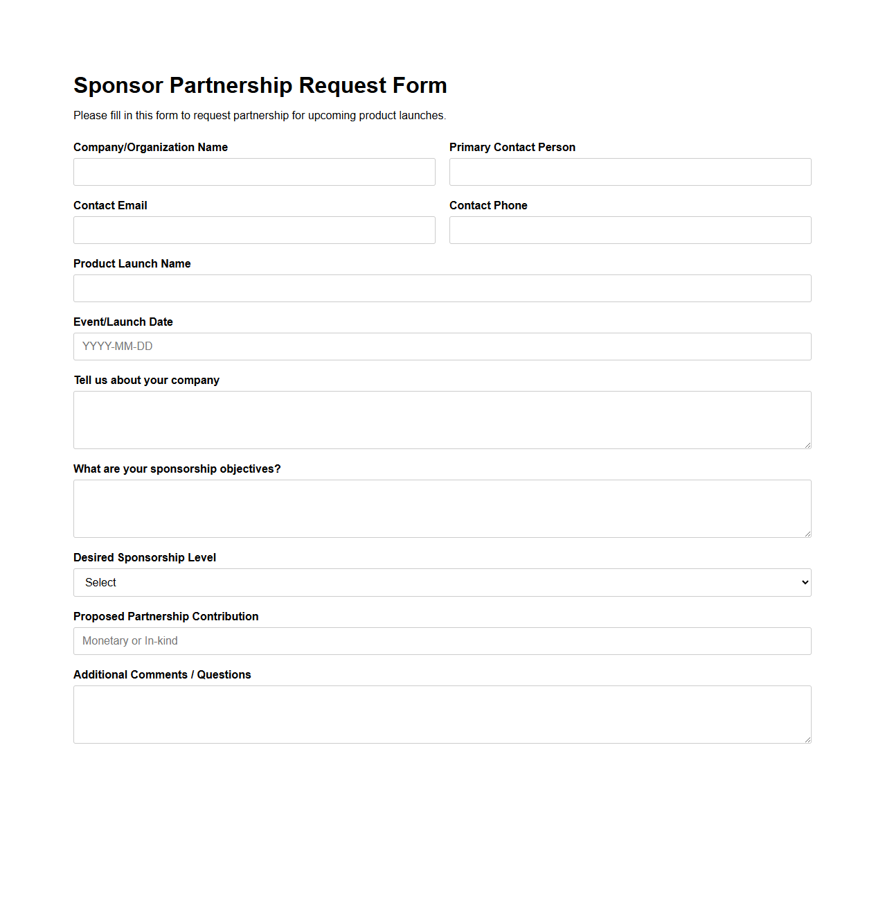 Sponsor Partnership Request Form for Product Launches