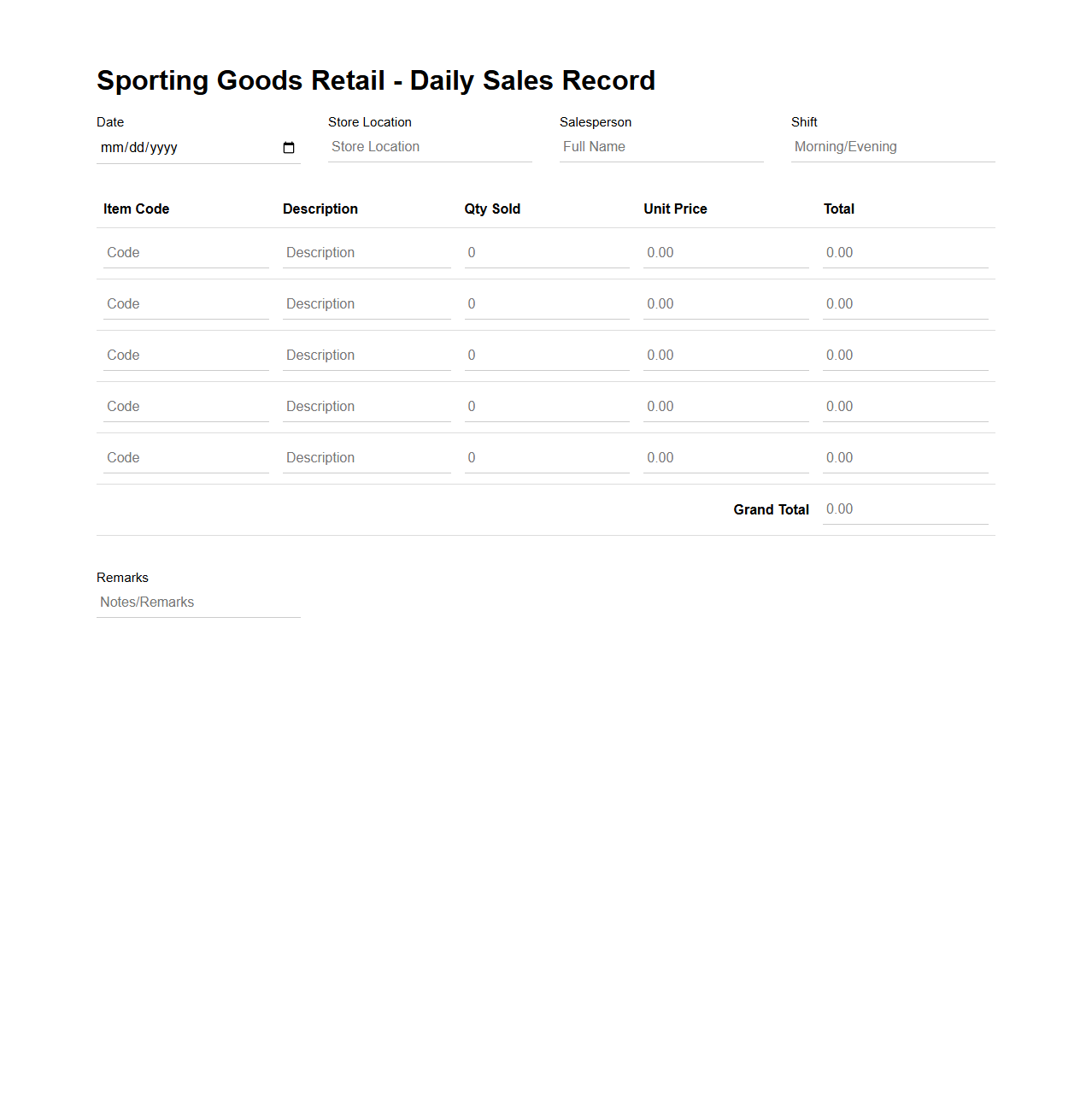 Sporting Goods Retail Daily Sales Record