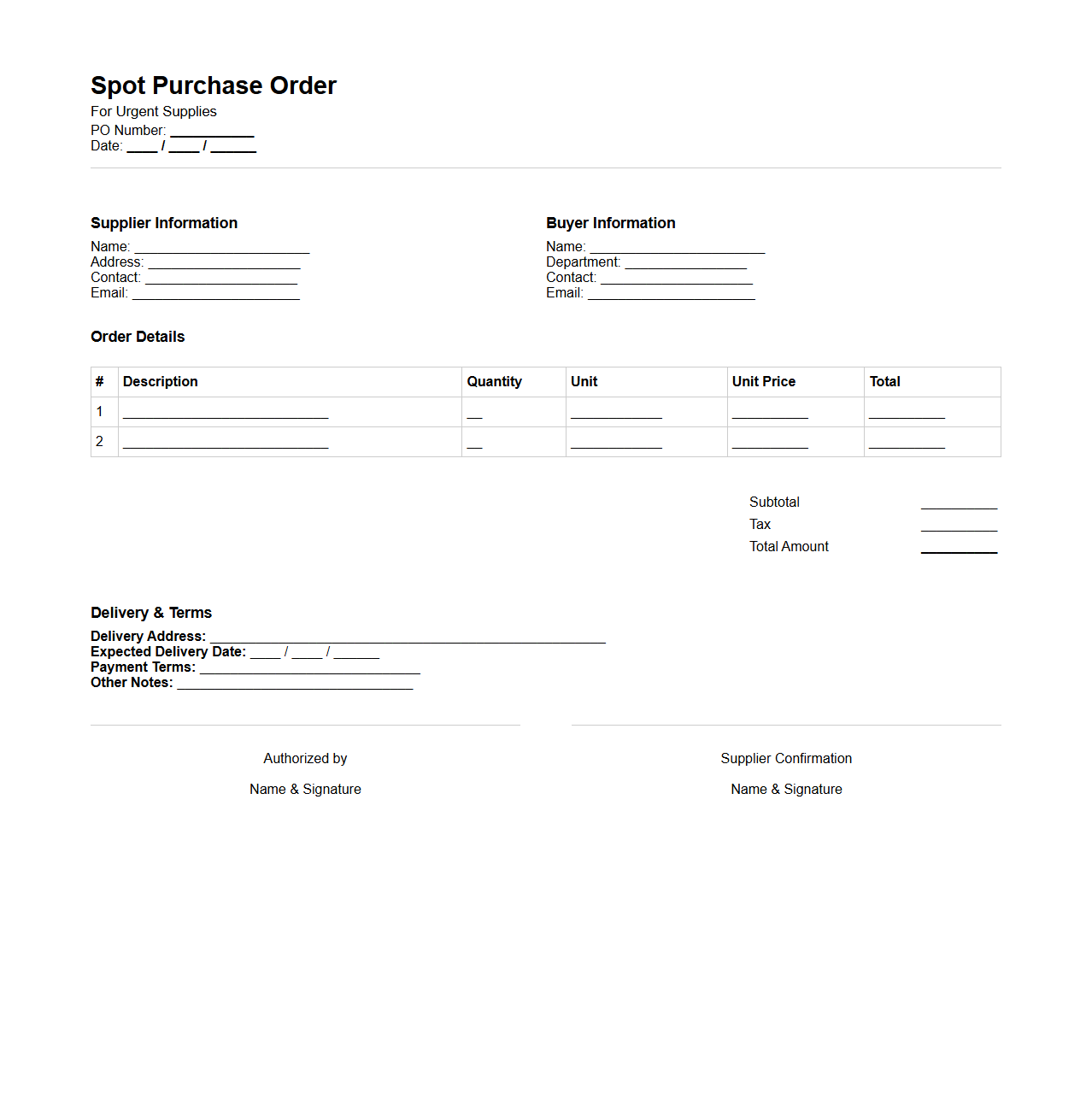 Spot Purchase Order Example for Urgent Supplies