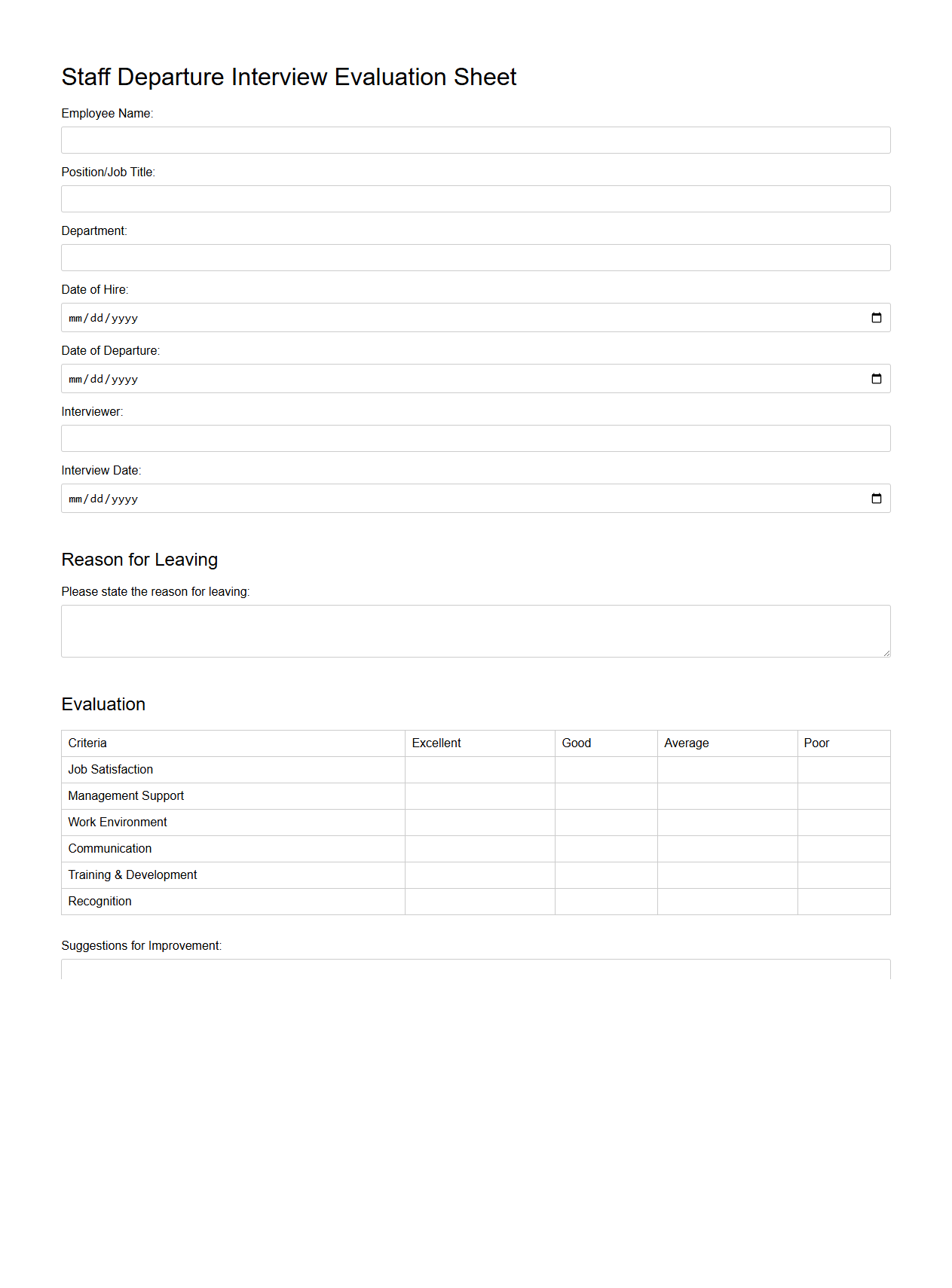 Staff Departure Interview Evaluation Sheet