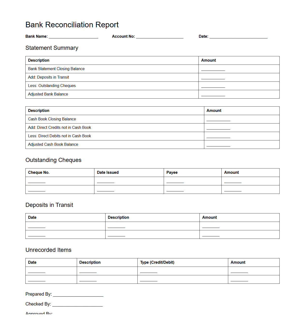 Standard Bank Reconciliation Report Format