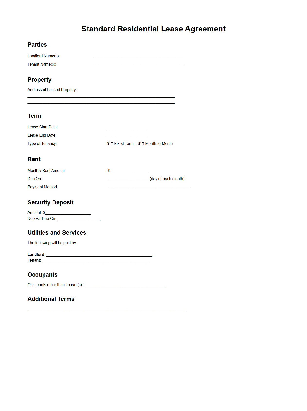 Standard Residential Lease Agreement Template