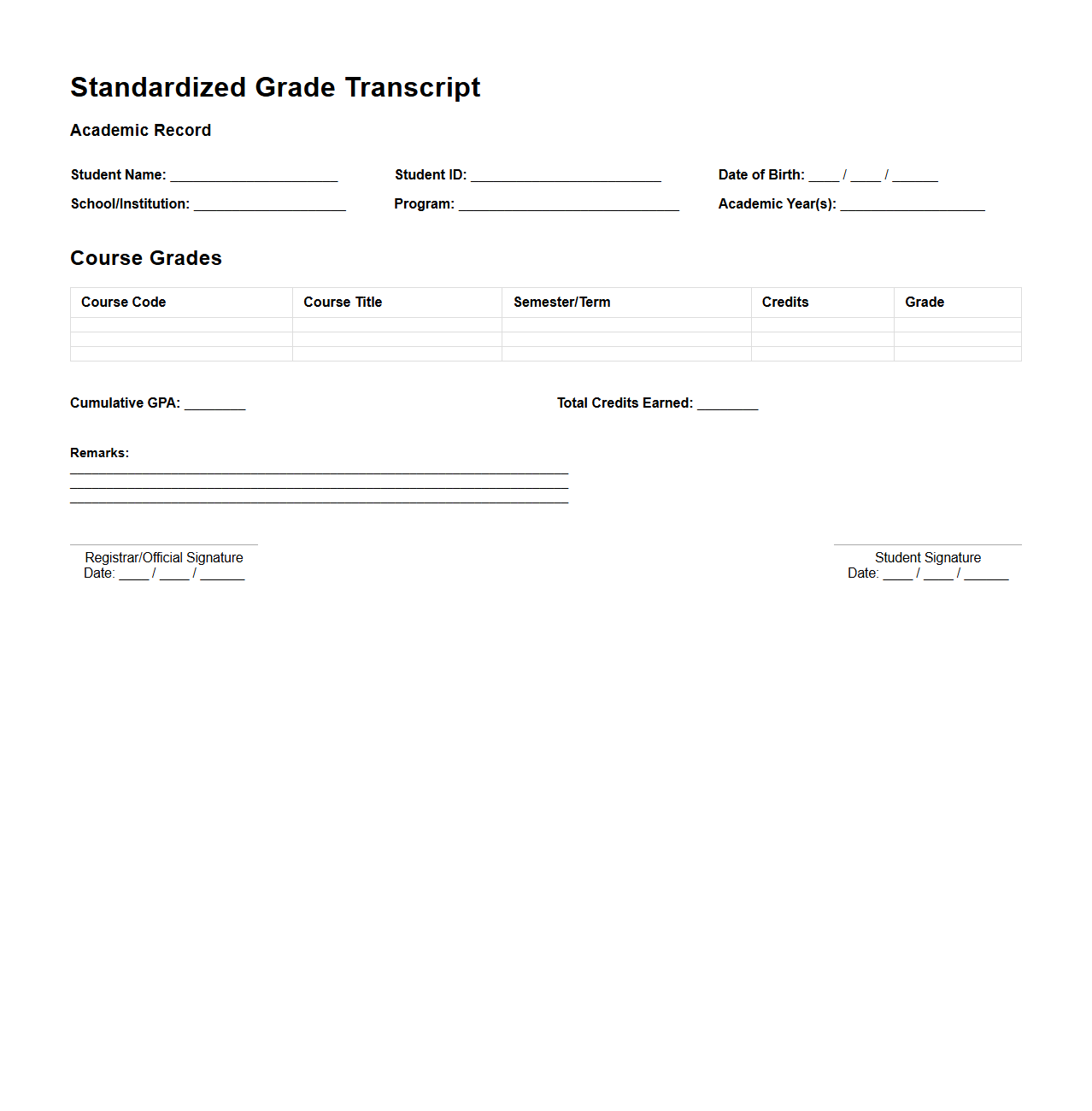 Standardized Grade Transcript Format for Students