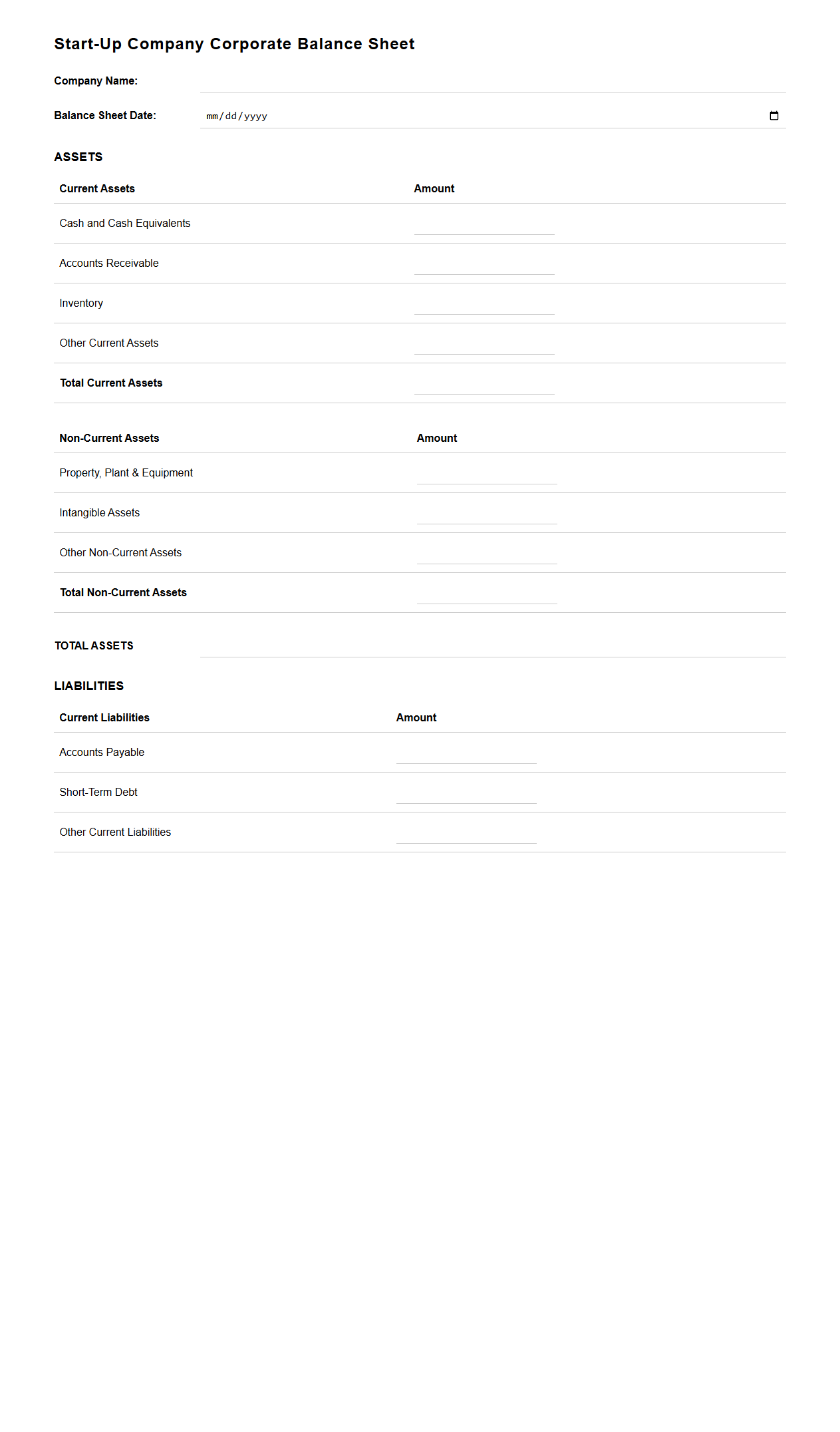 Start-Up Company Corporate Balance Sheet Form