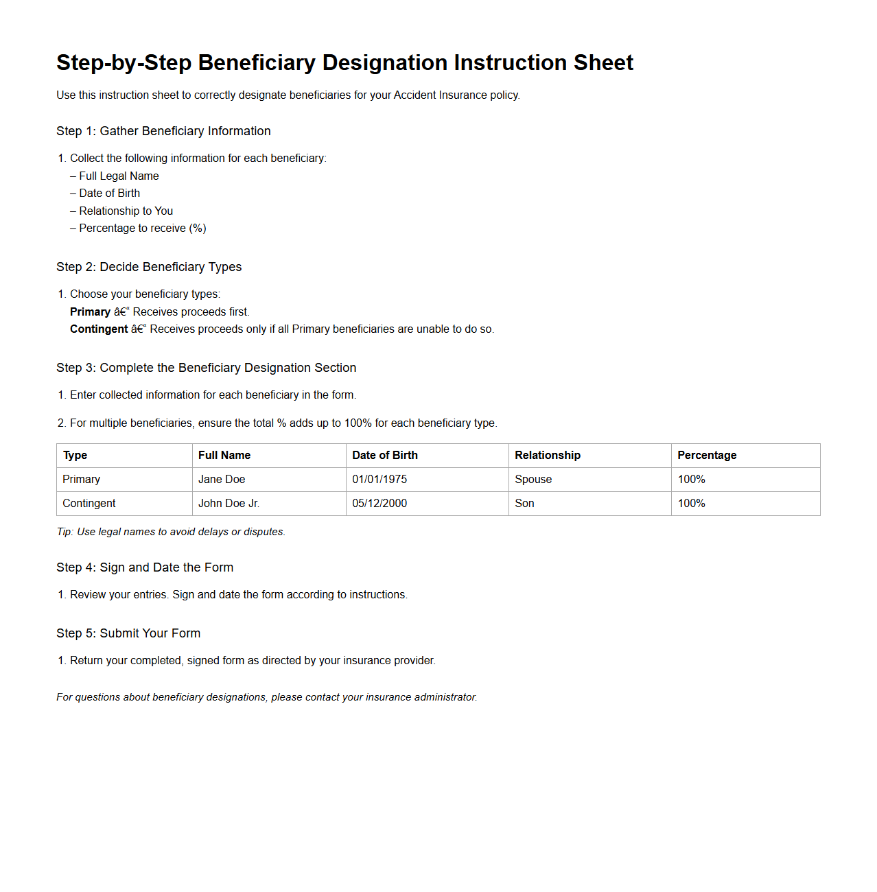Step-by-Step Beneficiary Designation Instruction Sheet for Accident Insurance
