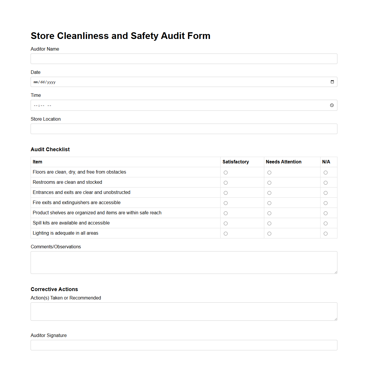Store Cleanliness and Safety Audit Form
