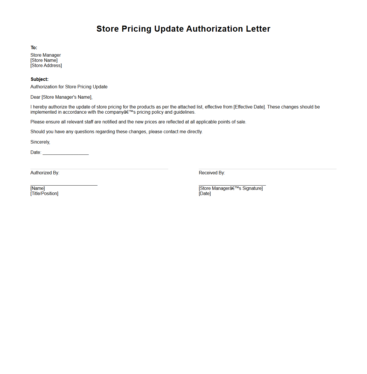Store Pricing Update Authorization Letter