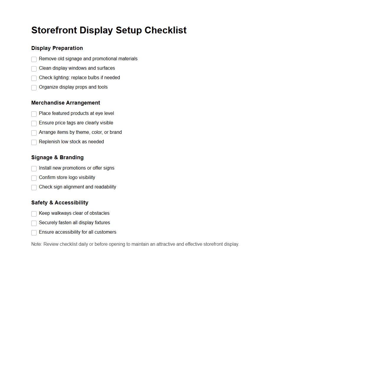 Storefront Display Setup Checklist for Retail