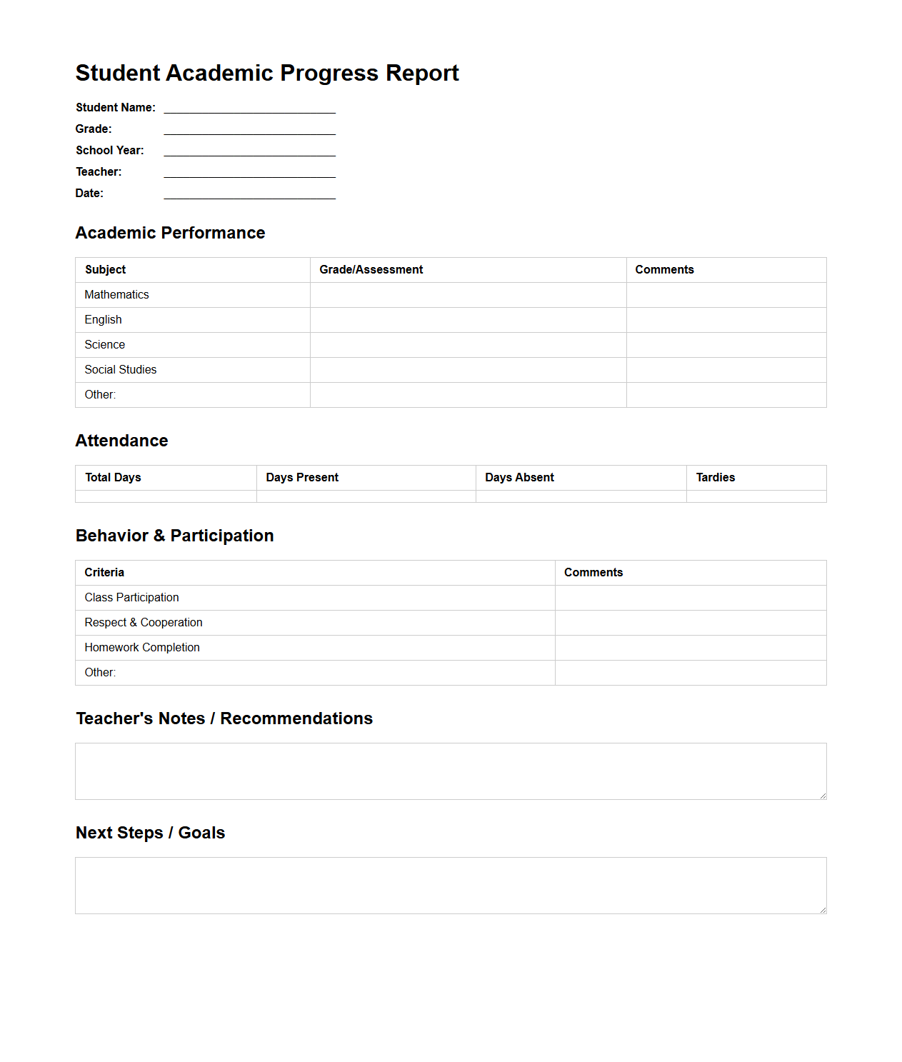 Student Academic Progress Report Template for Parent Updates