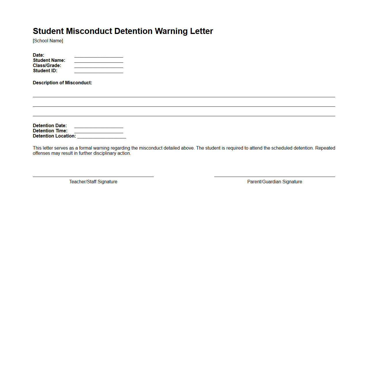 Student Misconduct Detention Warning Letter